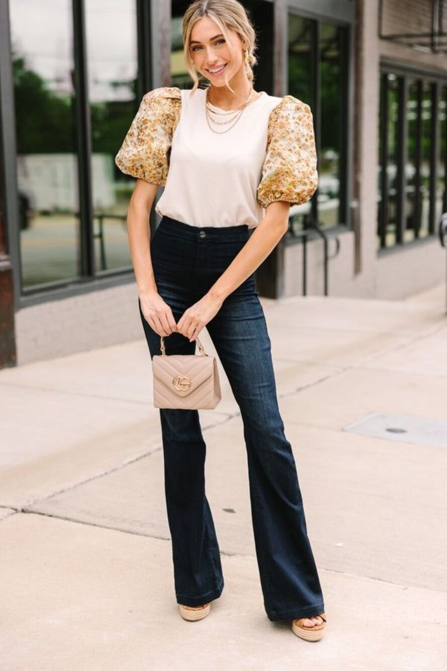 Entro Floral Puff Sleeve Top Small Cream Stretch Cottagecore Boho Romantic